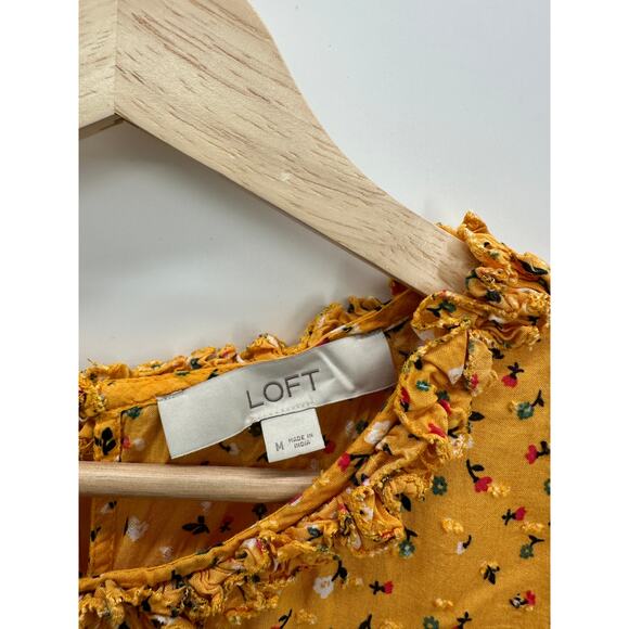Loft Blouse Women Medium Orange Yellow Floral Lacy Flutter Sleeve Top Feminine - Picture 5 of 8